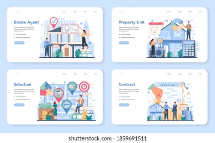 Qualified real estate agent or realtor web banner or landing page set. Realtor assistance and help in house selection and mortgage contract. Real estate company. Vector illustration