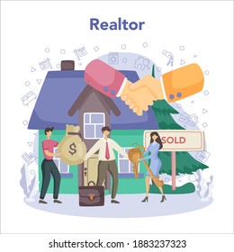 Qualified real estate agent or realtor concept. Realtor assistance and help in mortgage contract. Real estate searching, market analysis. Vector illustration