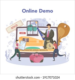 Qualified real estate agent or realtor online service or platform. Realtor assistance in mortgage contract. Real estate searching. Online demo. Vector illustration