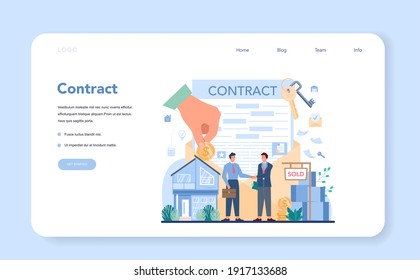 Qualified real estate agent or realtor web banner or landing page. Realtor assistance and help in house selection and mortgage contract. Real estate company. Vector illustration