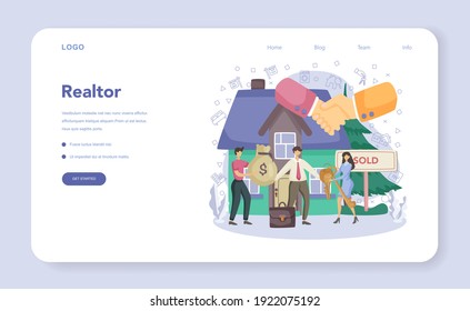 Qualified real estate agent or realtor web banner or landing page. Realtor assistance and help in mortgage contract. Real estate searching, market analysis. Vector illustration
