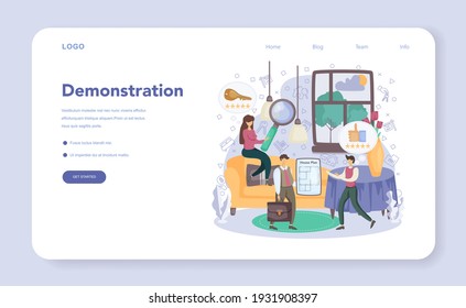 Qualified real estate agent or realtor web banner or landing page. Realtor assistance and help in mortgage contract. Real estate demonstration, market analysis. Vector illustration