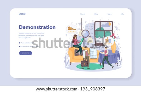 Qualified real estate agent or realtor web banner or landing page. Realtor assistance and help in mortgage contract. Real estate demonstration, market analysis. Vector illustration