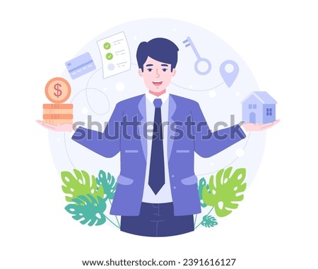 Qualified and reliable real estate agent guarantees property buying. Realtor helps in house searching and mortgage contracts. Vector illustration