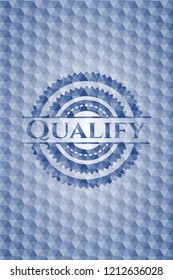 Qualify blue emblem or badge with abstract geometric pattern background.