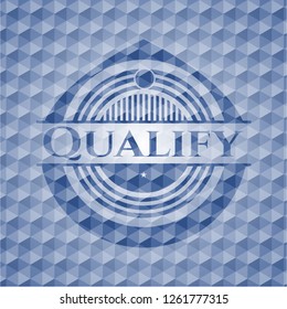 Qualify blue emblem with geometric background.