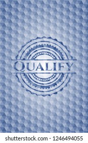 Qualify blue emblem with geometric pattern background.