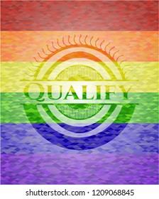 Qualify emblem on mosaic background with the colors of the LGBT flag