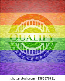Qualify emblem on mosaic background with the colors of the LGBT flag