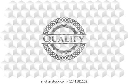 Qualify grey badge with geometric cube white background