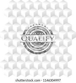 Qualify grey emblem with geometric cube white background