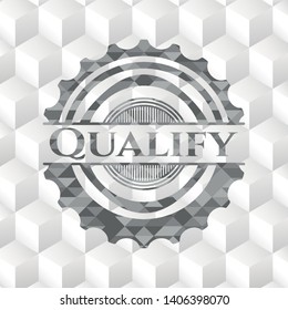 Qualify grey emblem with geometric cube white background