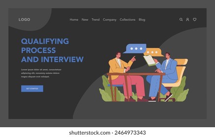 Qualifying process and interview concept. Male candidate taking part in personal interview, essential step for academic funding. Striving to make good first impression. Flat vector illustration