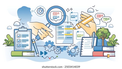 Qualitative content analysis and deep text data study outline hands concept. Empirical information classification methodology using deep analytical approach vector illustration. Info context research