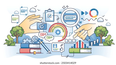 Qualitative content analysis with text interpretation outline hands concept. Information research and analytic using charts, graphs and written materials vector illustration. Deep topic learning.