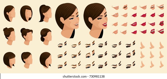 Qualitative create your emotions in the isometric and confinement, 3D face of the girl, face, eyes, lips, nose. Face expression, evening and daily make-up for vector illustrations.