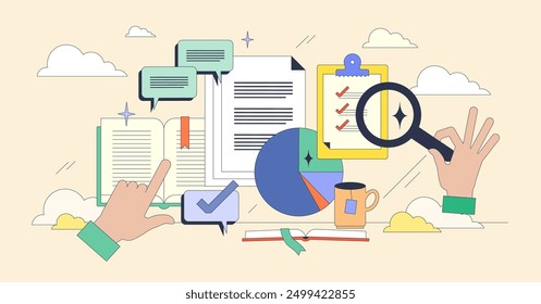 Qualitative information content analysis tiny person neubrutalism concept. Deep and scientific data interpreting with context analytic and learning to understand textual material vector illustration.