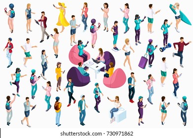 Qualitative Isometry, 3D characters of teenagers and young entrepreneurs around the text, co work, freelancers, students. Vector illustration.