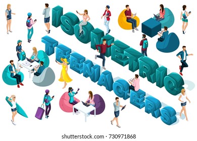 Qualitative Isometry, 3D characters of teenagers and young entrepreneurs around the text, co work, freelancers, students. Vector illustration.