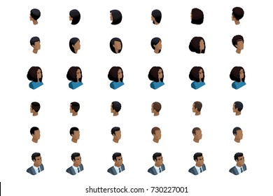 Qualitative Isometry is a detailed study of a set of hairstyles and emotions for characters in isometric. African American man and woman. Front view and rear view.