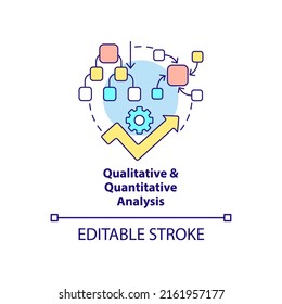 Das Symbol für das Konzept der qualitativen und quantitativen Analyse. Risk Management Prozess abstrakte Idee dünne Linie Illustration. Einzeln Umrisszeichnung. Bearbeitbarer Strich. Arial, Myriad Pro Fett Schriftarten verwendet