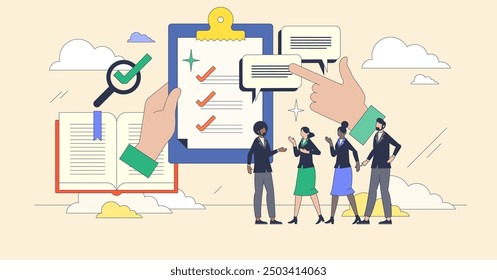 Qualitative research methods for sociology tiny person neubrutalism concept. Analyze community using interview, focus groups and observation vector illustration. Scientific people data evaluation.