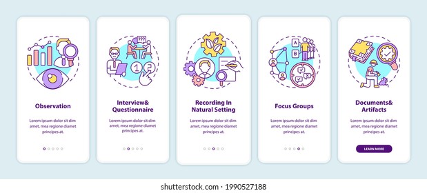 Qualitative research techniques onboarding mobile app page screen with concepts. Method of collect and process walkthrough 5 steps graphic instructions. UI vector template with RGB color illustrations