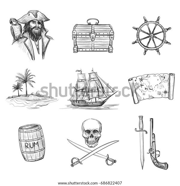 Qualitative Vector Sketches Pirate Adventures Hand Stock Vector ...