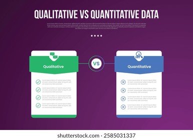 qualitative vs quantitative data infographic outline style with 2 point comparison template with price table box badge with triangle header for slide presentation vector
