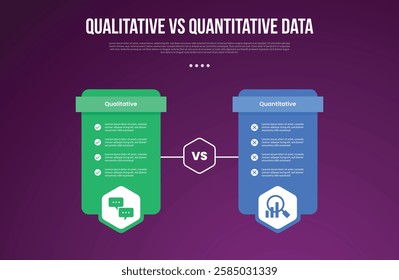 qualitative vs quantitative data infographic outline style with 2 point comparison template with table price box with hexagon badge for slide presentation vector
