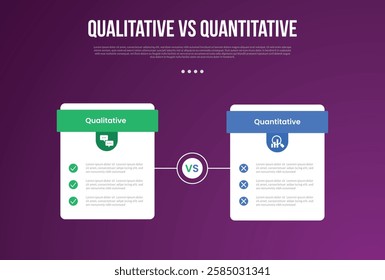 qualitative vs quantitative data infographic outline style with 2 point comparison template with price table box with outline circle on center for slide presentation vector