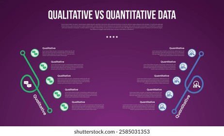 qualitative vs quantitative data infographic outline style with 2 point comparison template with creative slope shape on vertical direction for slide presentation vector