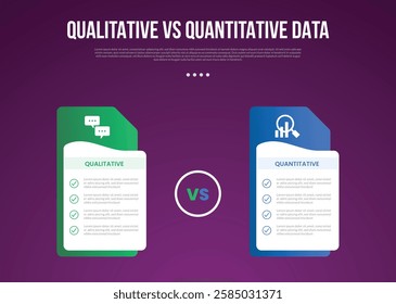 qualitative vs quantitative data infographic outline style with 2 point comparison template with creative table box with folder style stack for slide presentation vector