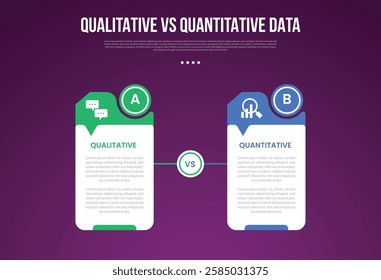 qualitative vs quantitative data infographic outline style with 2 point comparison template with creative table with circle and small arrow callout for slide presentation vector