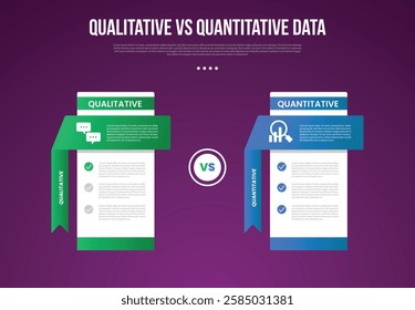 qualitative vs quantitative data infographic outline style with 2 point comparison template with pricing table comparison with long 3D folds ribbon for slide presentation vector