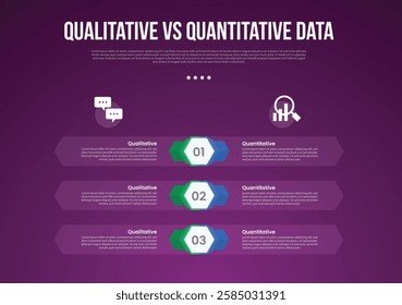 qualitative vs quantitative data infographic outline style with 2 point comparison template with hexagon shape and transparent container as background for slide presentation vector