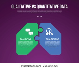 qualitative vs quantitative data infographic outline style with 2 point comparison template with round puzzle box connection for slide presentation vector