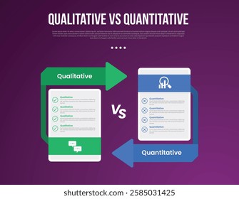 qualitative vs quantitative data infographic outline style with 2 point comparison template with price table box with arrow opposite direction for slide presentation vector