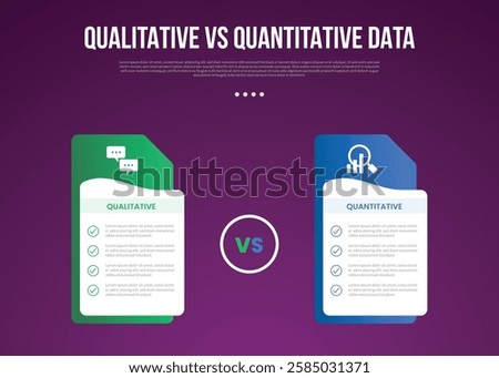 qualitative vs quantitative data infographic outline style with 2 point comparison template with creative table box with folder style stack for slide presentation vector