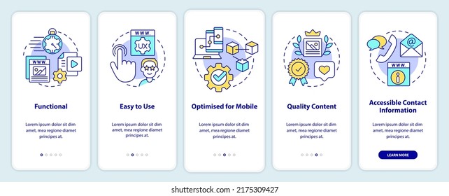 Qualities of good website onboarding mobile app screen. Easy to use walkthrough 5 steps editable graphic instructions with linear concepts. UI, UX, GUI template. Myriad Pro-Bold, Regular fonts used