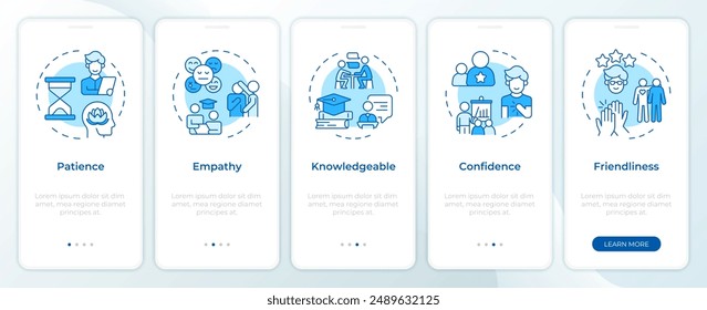 Qualities of great mentor blue onboarding mobile app screen. Walkthrough 5 steps editable graphic instructions with linear concepts. UI, UX, GUI template