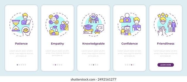 Qualities of great mentor onboarding mobile app screen. Walkthrough 5 steps editable graphic instructions with linear concepts. UI, UX, GUI template