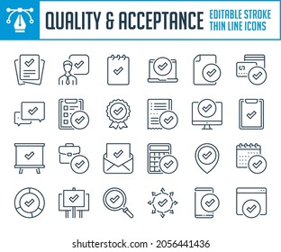 Quality and Acceptance thin line icons. Check mark, Approve and Quality assurance outline icon set. Editable stroke icons.