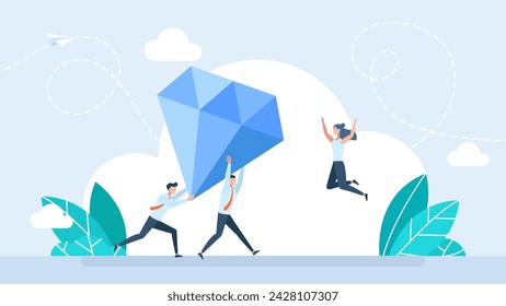 Quality and advantage. Business value, discover opportunity or benefit from idea, quality measurement or search for brilliant idea. Businesspeople discover valuable diamond. Vector illustration