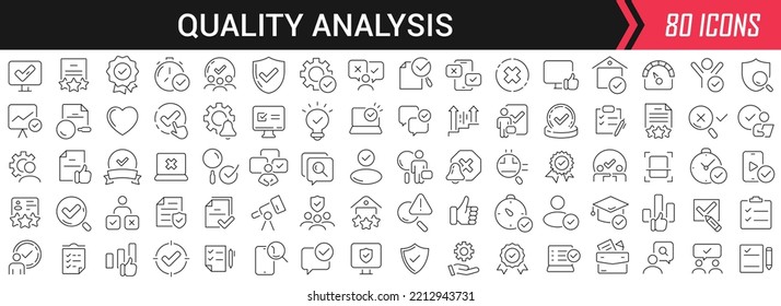 Quality analysis linear icons in black. Big UI icons collection in a flat design. Thin outline signs pack. Big set of icons for design