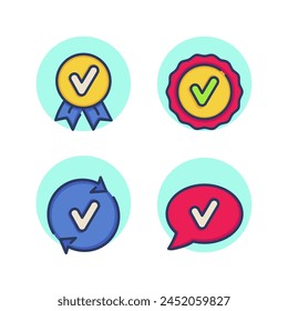 Quality approval badge icon set. Verification icon, check mark, feedback, reviews, speech bubble. Confirmation of quality, qualification concept. Vector illustration for web design and apps