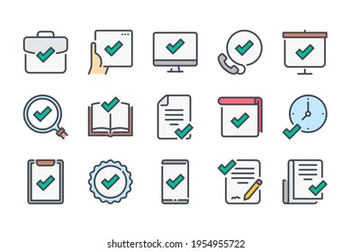 Quality and Approve color line icon set. Check mark and acceptance linear icons. Checklist and Confirmation of guarantee colorful outline vector sign collection.