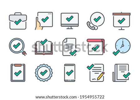 Quality and Approve color line icon set. Check mark and acceptance linear icons. Checklist and Confirmation of guarantee colorful outline vector sign collection.