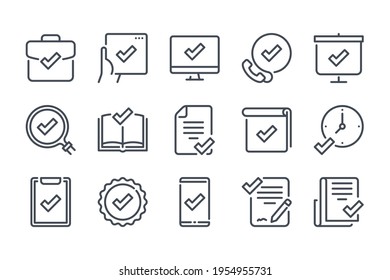 Quality And Approve Line Icon Set. Check Mark And Acceptance Linear Icons. Checklist And Confirmation Of Guarantee Outline Vector Sign Collection.