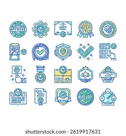 Quality Approve Mark Medal doodle icons set vector. Product Quality Approve Certificate Document With Checkmark Stamp Of Guarantee. Service Successful Check Analysis  sketch hand drawn